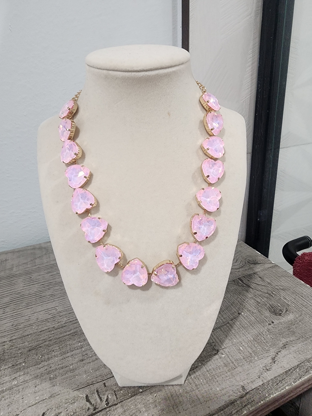 Pink Heart Crystal Statement Necklace - Gold Tone